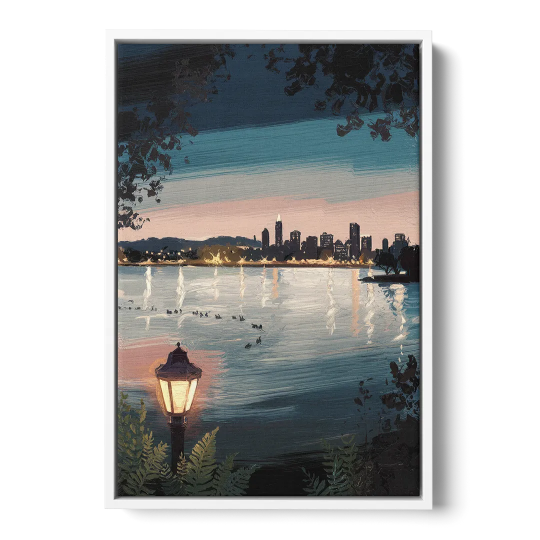 Oakland Lake Merritt Reflection - White Frame Canvas