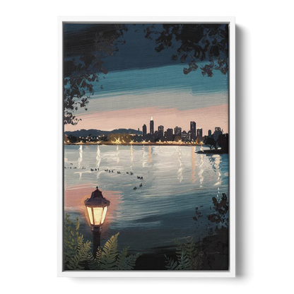 Oakland Lake Merritt Reflection - White Frame Canvas