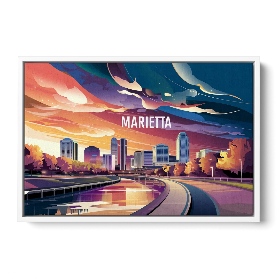 Marietta Skyline Sunset - White Frame Canvas