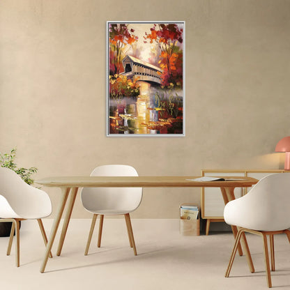 New Hope Covered Bridge Scene - Living Room White Frame Canvas