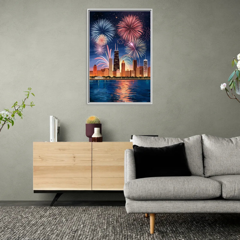 Chicago Skyline and Fireworks - Living Room White Frame Canvas
