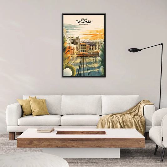 Tacoma Urban Streetscape - Living Room Black Frame Canvas