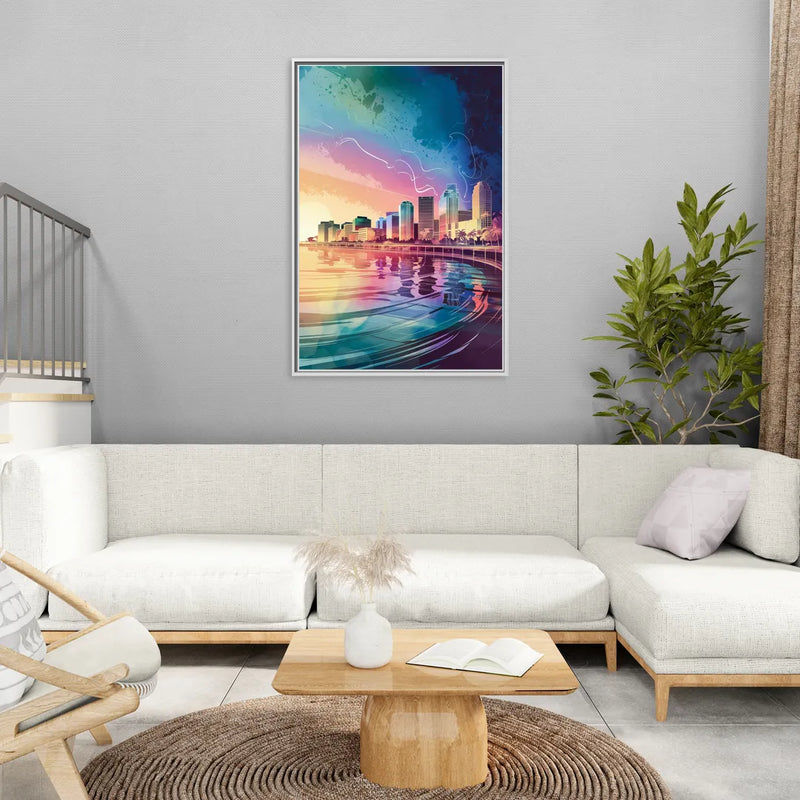 Fort Lauderdale Skyline Reflection - Living Room White Frame Canvas