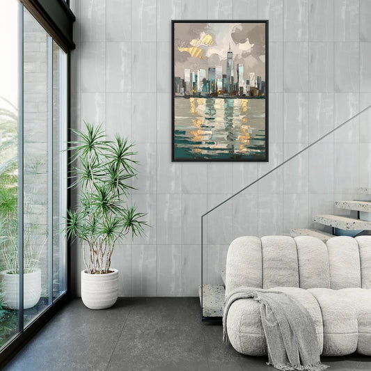 Jersey City Waterfront View - Living Room Black Frame Canvas