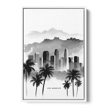 Los Angeles Black and White Cityscape - White Frame Canvas