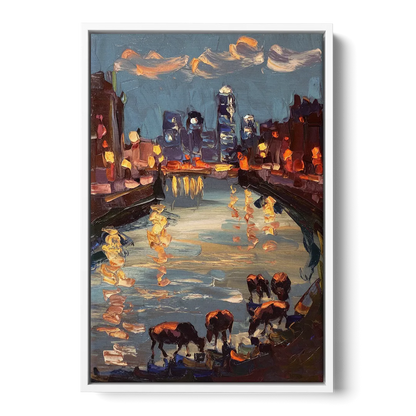 Buffalo Canalside at Night - White Frame Canvas
