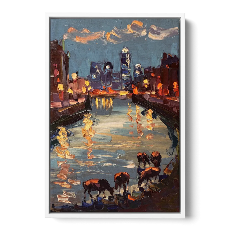 Buffalo Canalside at Night - White Frame Canvas