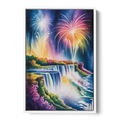 Niagara Falls Fireworks Show - White Frame Canvas