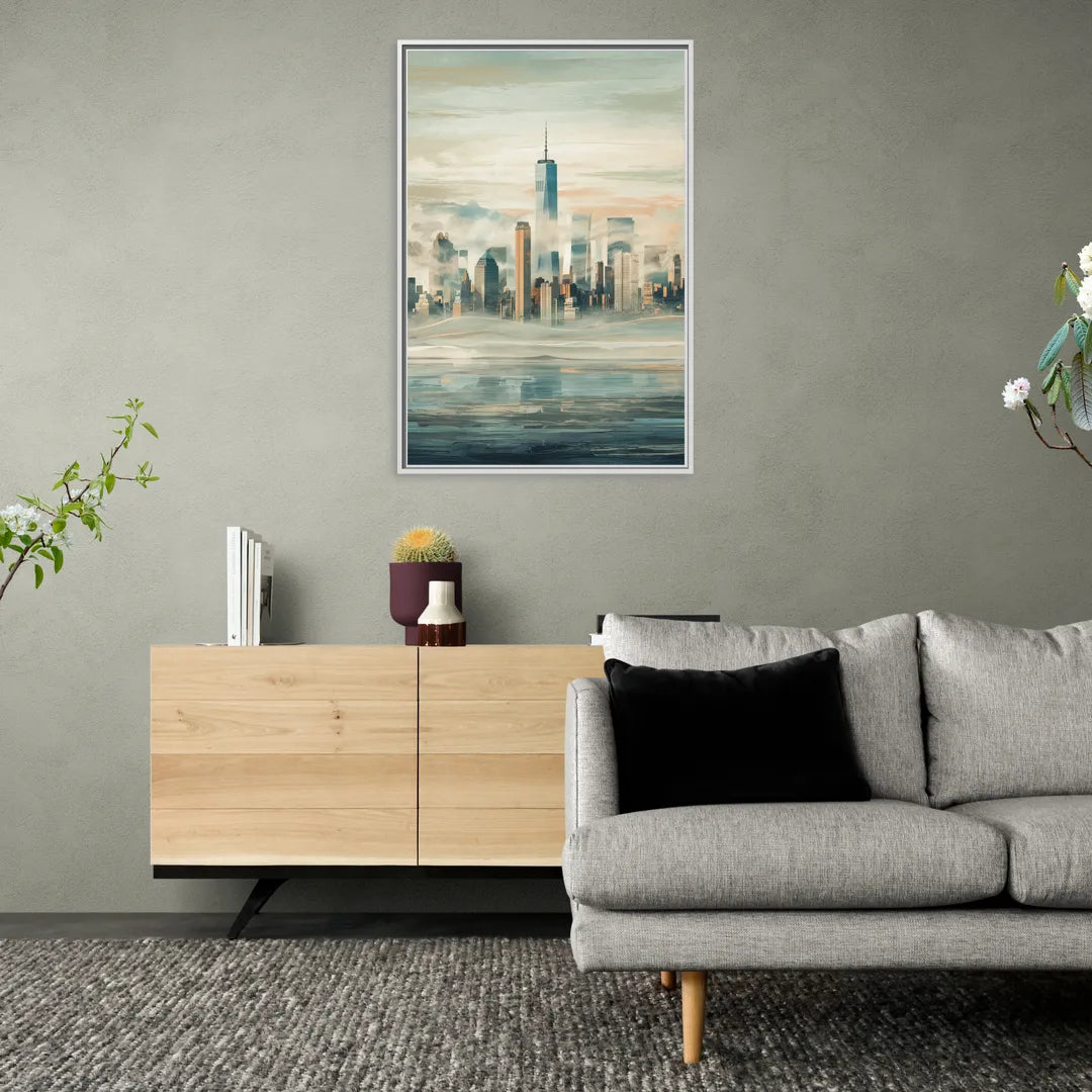 New York City Skyline in Fog Hudson - Living Room White Frame Canvas
