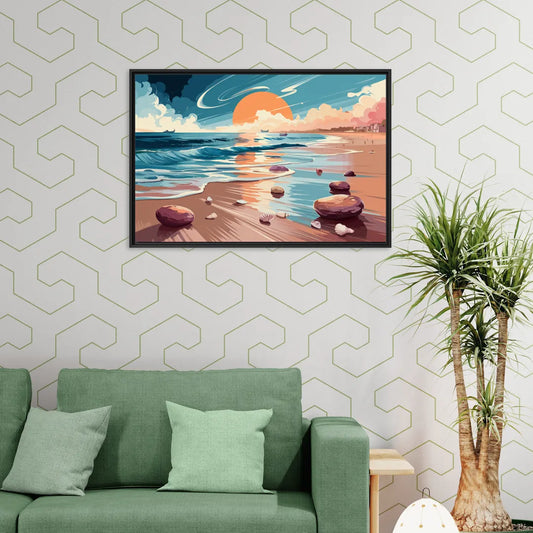 Corpus Christi Beach Sunset - Living Room Black Frame Canvas