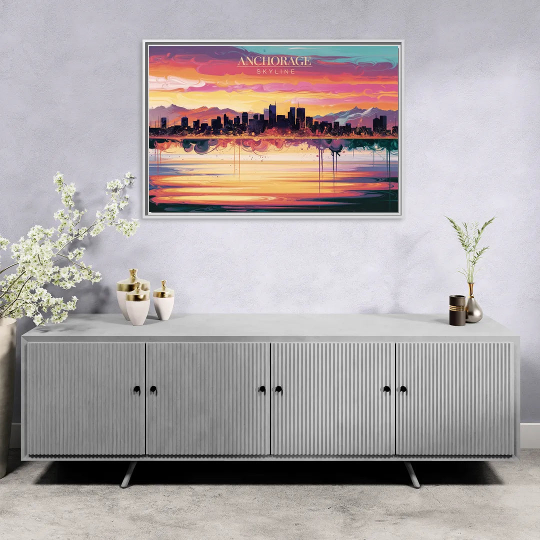 Anchorage Skyline Sunset - Living Room White Frame Canvas