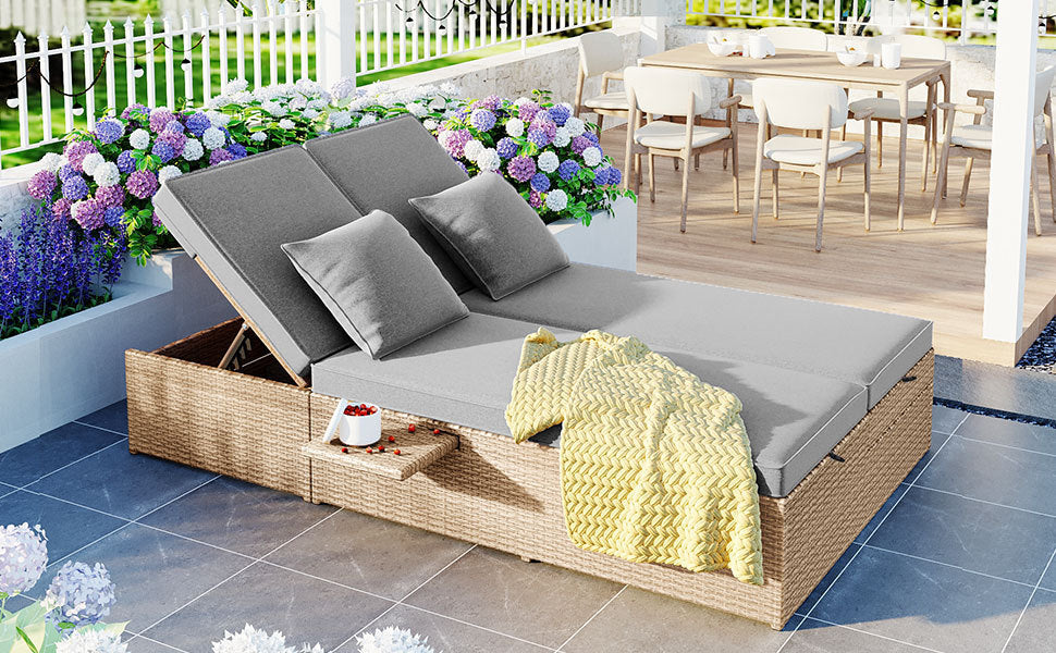 Outdoor Double Daybed – Reclining Wicker Rattan with Patio Cushions