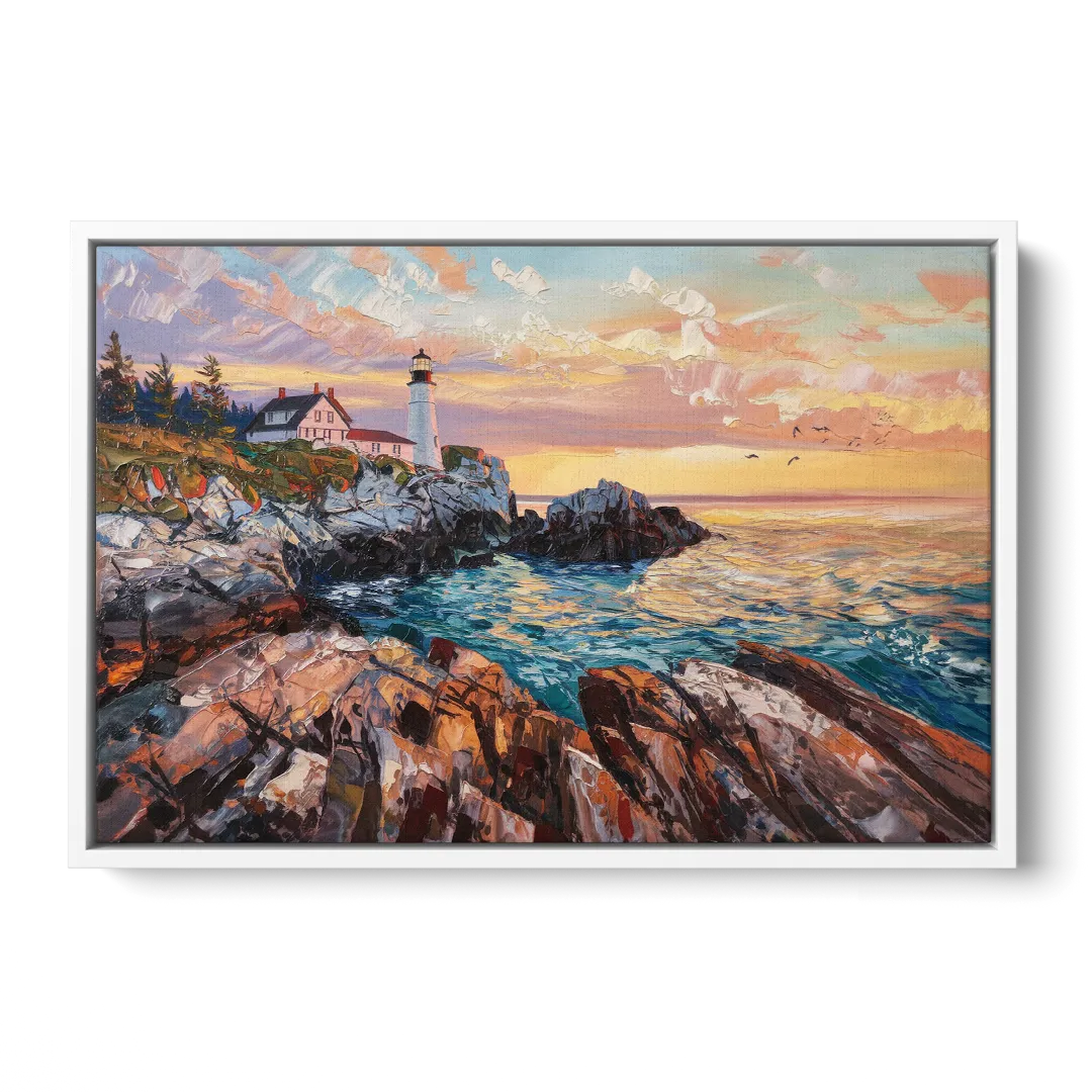 Bar Harbor Lighthouse Landscape - White Frame Canvas