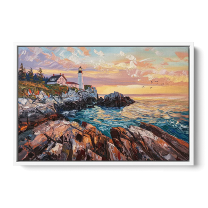 Bar Harbor Lighthouse Landscape - White Frame Canvas