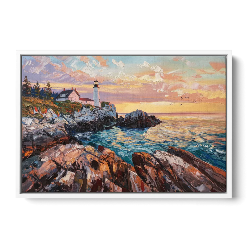 Bar Harbor Lighthouse Landscape - White Frame Canvas