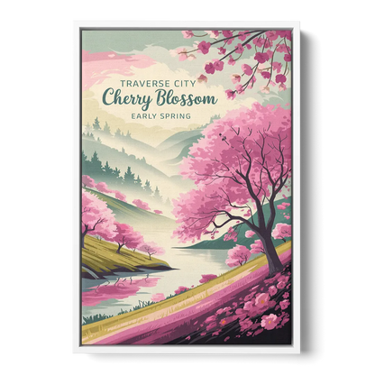 Traverse City Cherry Blossom Landscape - White Frame Canvas
