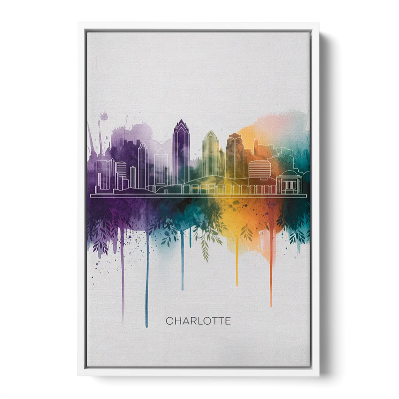 Charlotte Cityscape in Watercolor - White Frame Canvas