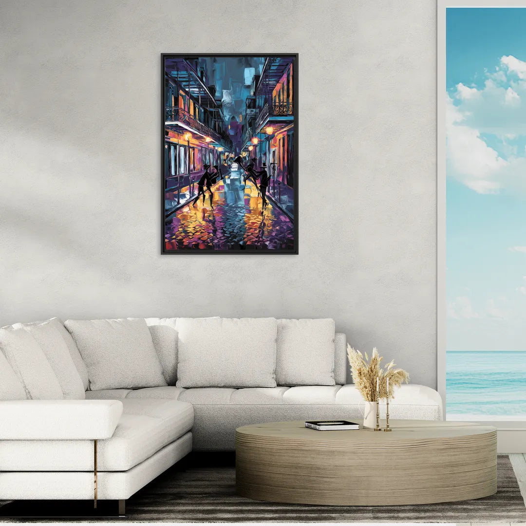New Orleans Bourbon Street Vibes - Living Room Black Frame Canvas