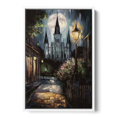 New Orleans Cathedral Silhouette - White Frame Canvas