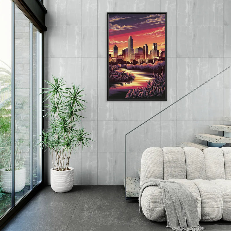 Austin Skyline Sunset - Living Room Black Frame Canvas