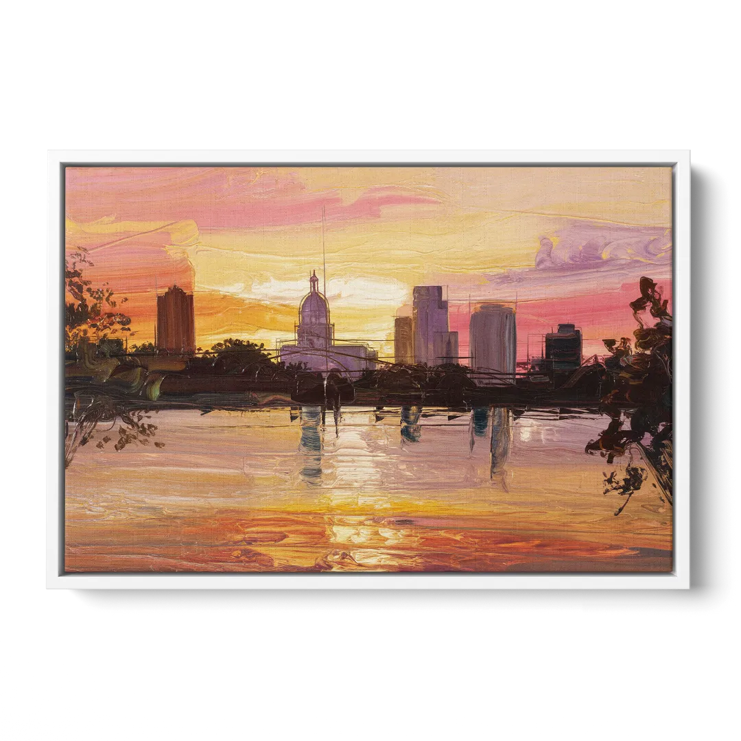 Baton Rouge Skyline Sunset - White Frame Canvas