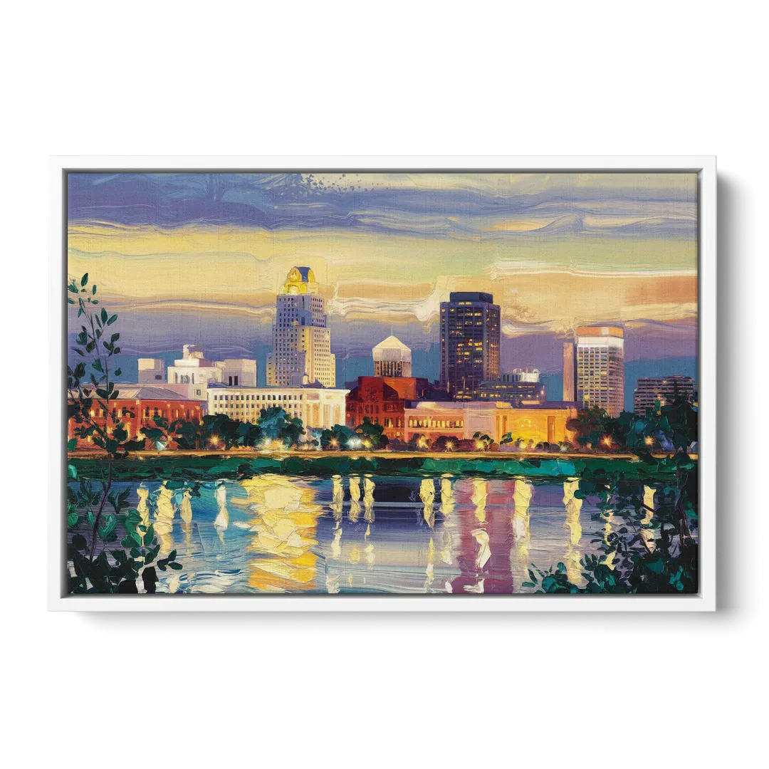 Greensboro Cityscape Panorama - White Frame Canvas