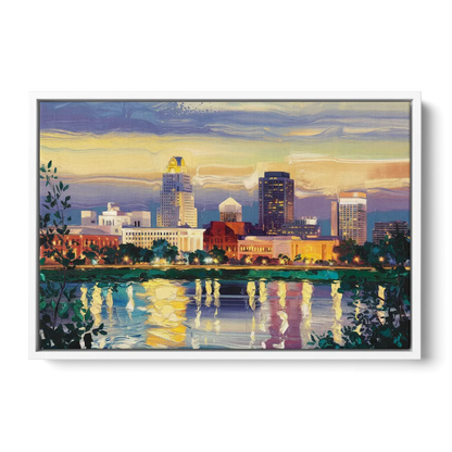 Greensboro Cityscape Panorama - White Frame Canvas