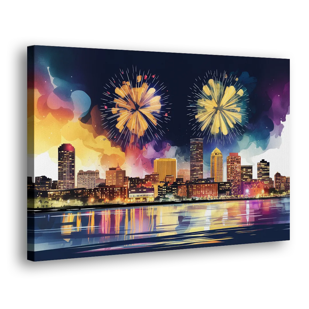 Boston Skyline With Fireworks - Canvas Print Art Sides
