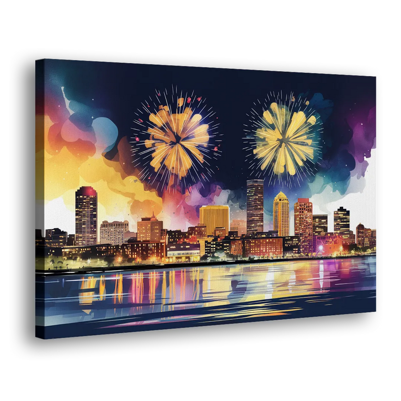 Boston Skyline With Fireworks - Canvas Print Art Sides
