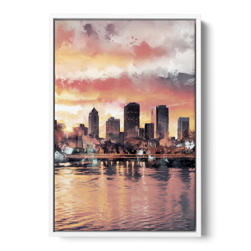 Buffalo Skyline at Sunset - White Frame Canvas