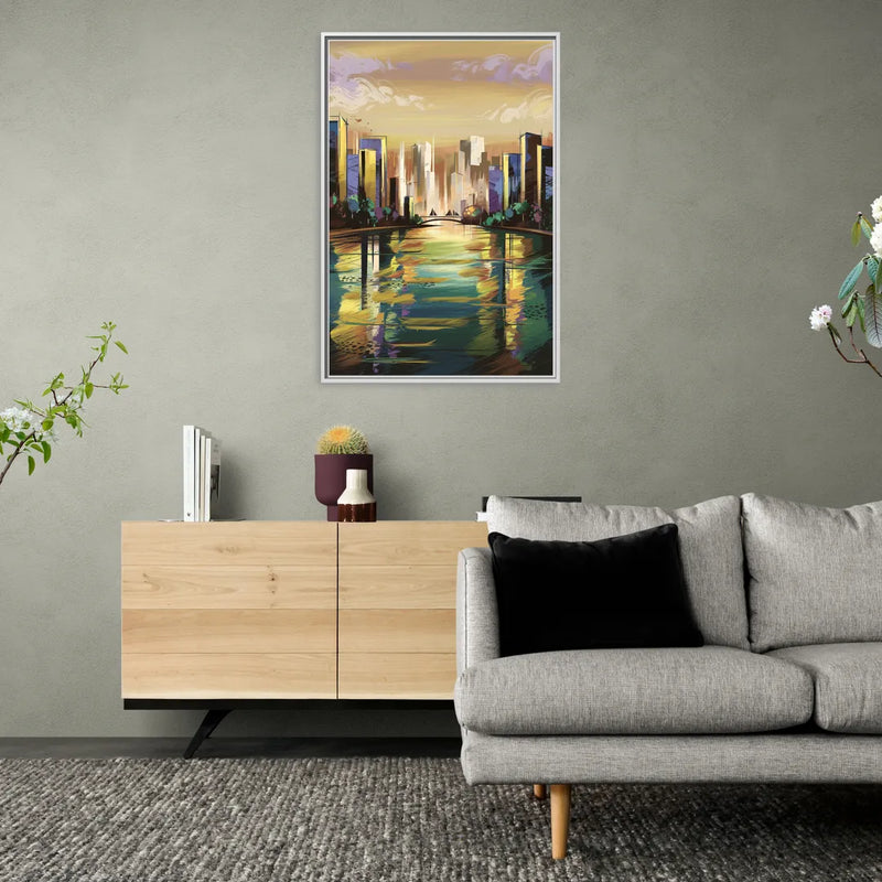 Riverside Downtown Skyline - Living Room White Frame Canvas