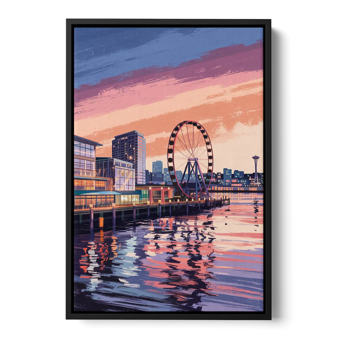 Seattle Waterfront Scene - Black Frame Canvas