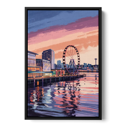 Seattle Waterfront Scene - Black Frame Canvas