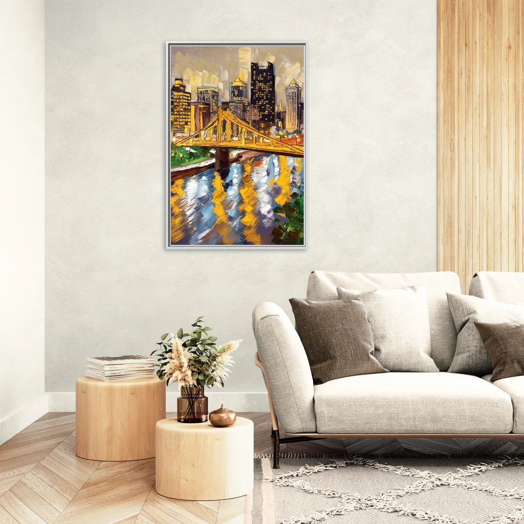 Pittsburgh Downtown Lights - Living Room White Frame Canvas