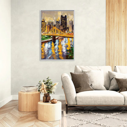 Pittsburgh Downtown Lights - Living Room White Frame Canvas