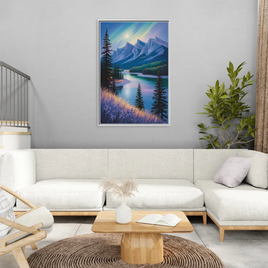 Banff National Park at Night - Living Room White Frame Canvas