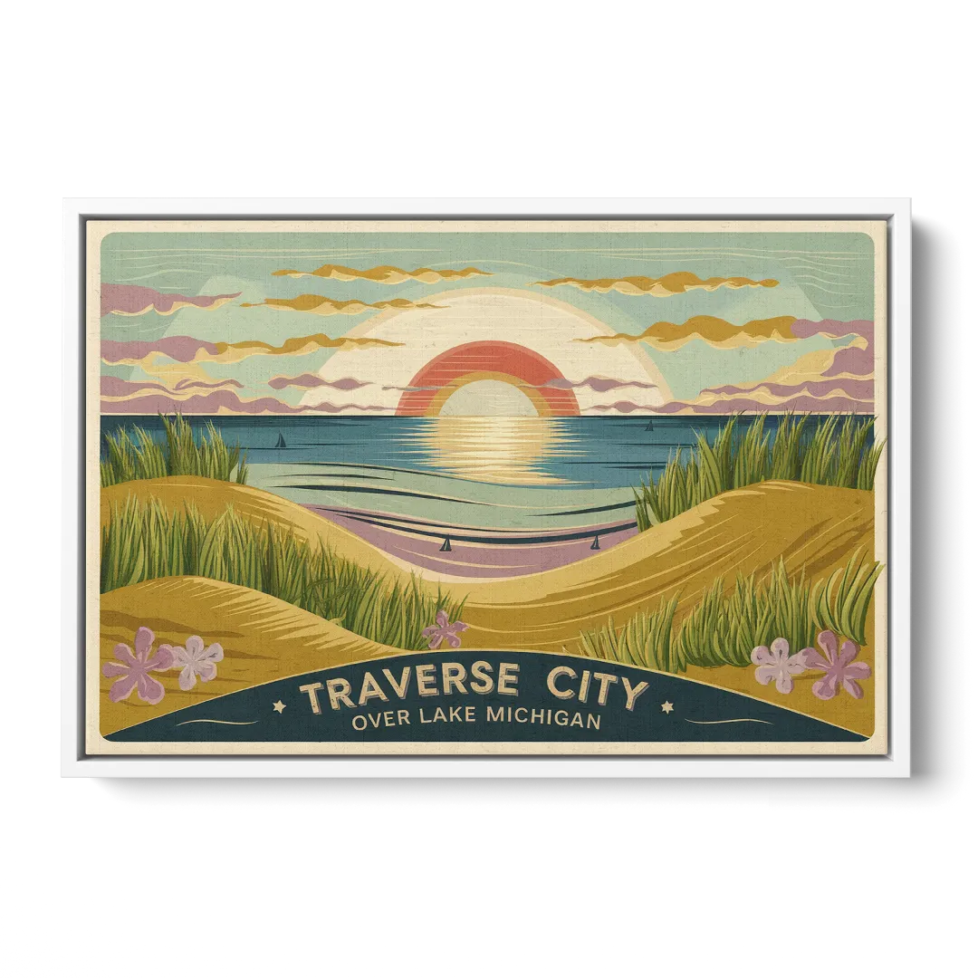 Traverse City Sunset Over Lake Michigan - White Frame Canvas