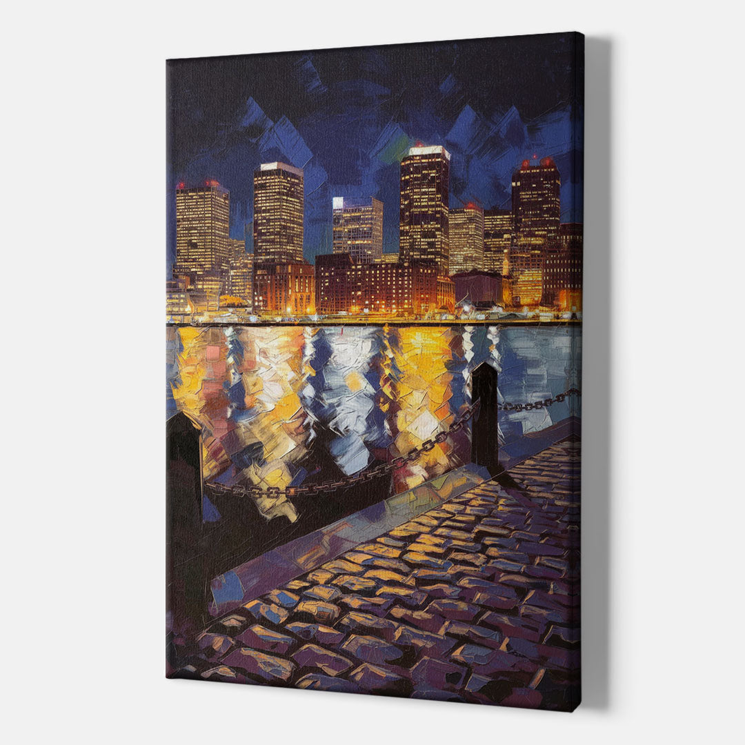 Boston Downtown Night Lights - Canvas Wall Art Indoor