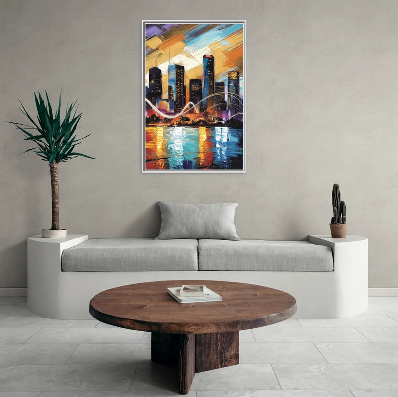 Houston Artistic Skyline - Living Room White Frame Canvas