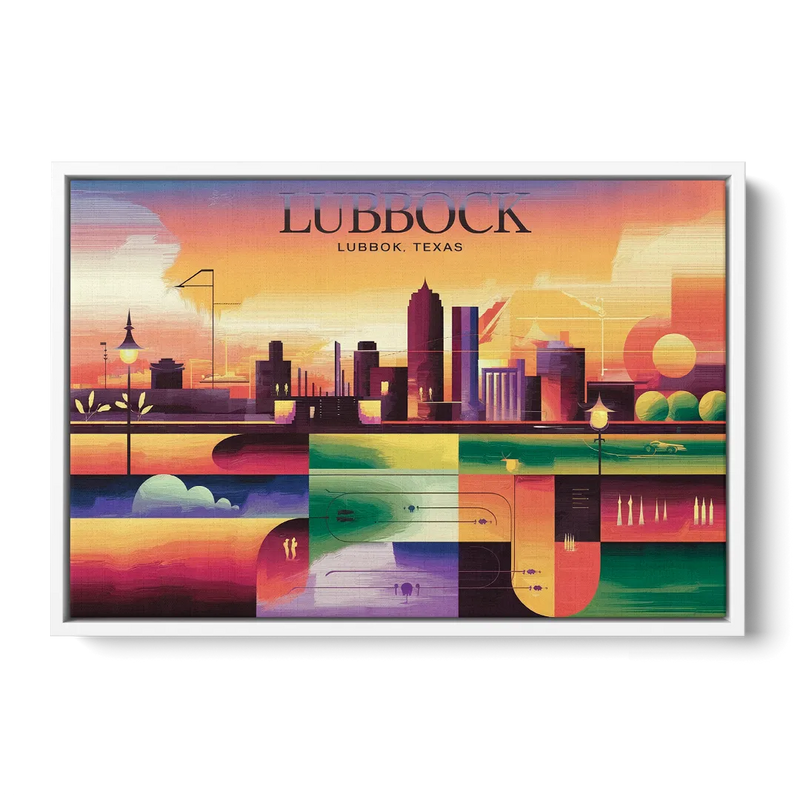 Lubbock Vibrant Cityscape - White Frame Canvas