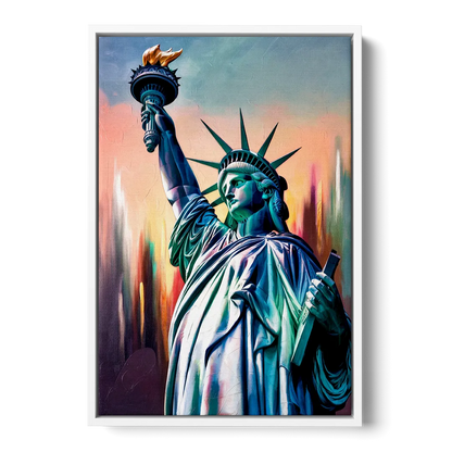 New York City Statue of Liberty Closeup Sky - White Frame Canvas