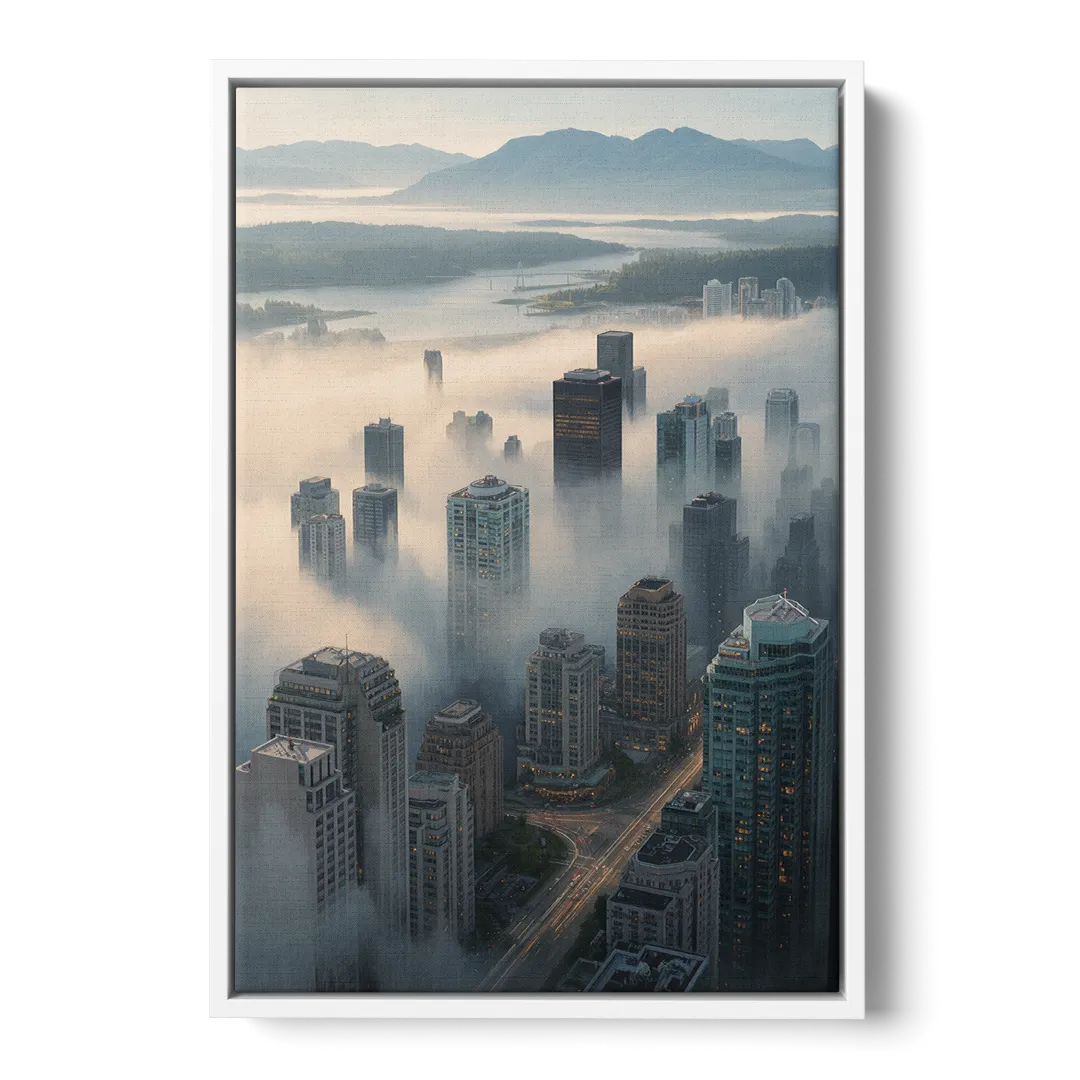 Vancouver Foggy Skyline - White Frame Canvas