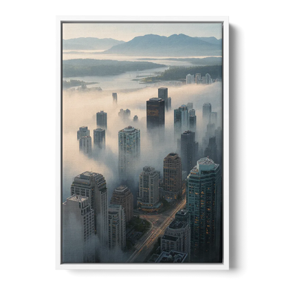 Vancouver Foggy Skyline - White Frame Canvas