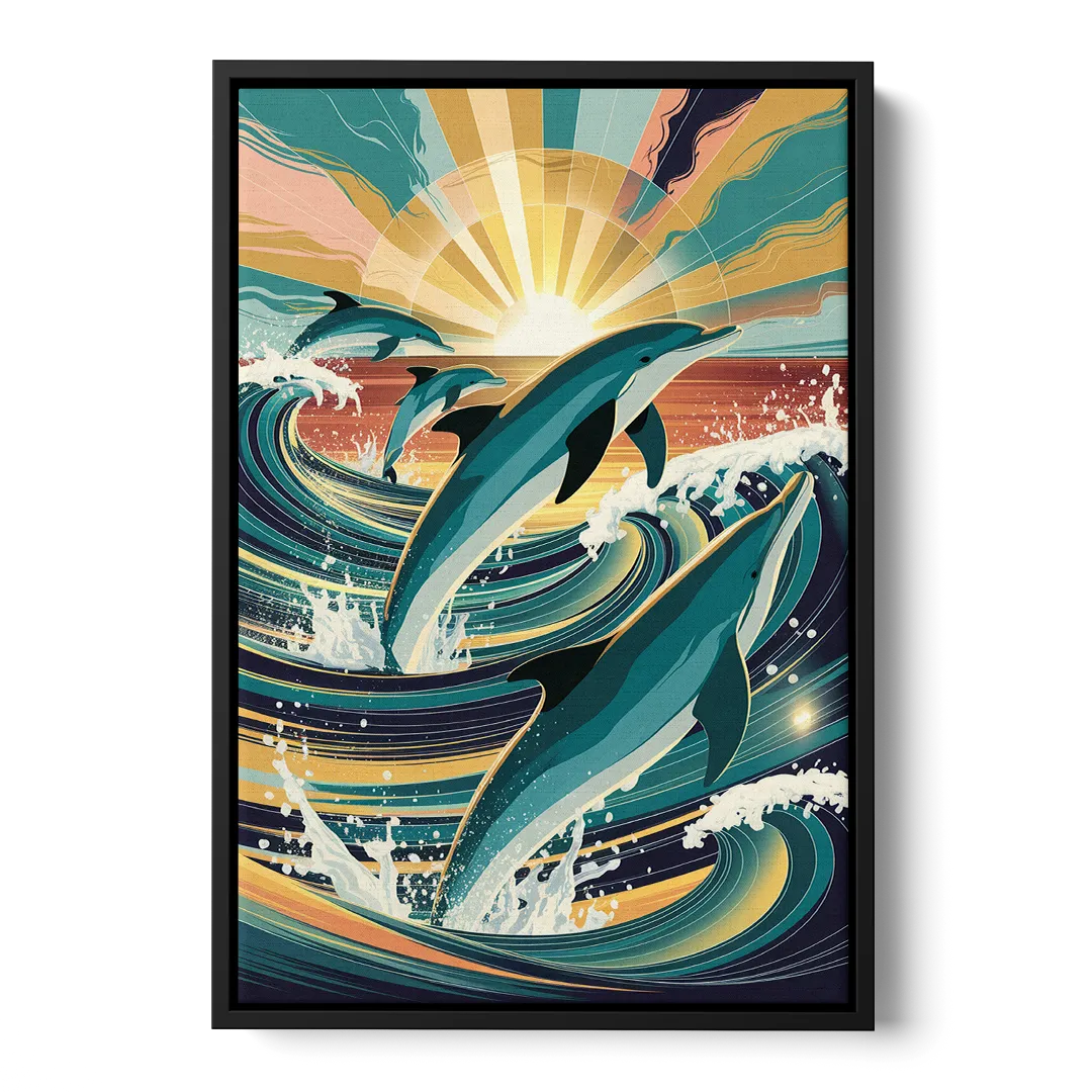 Virginia Beach Dolphins in Motion - Black Frame Canvas