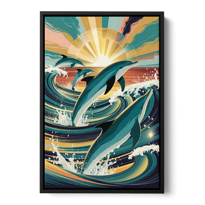 Virginia Beach Dolphins in Motion - Black Frame Canvas