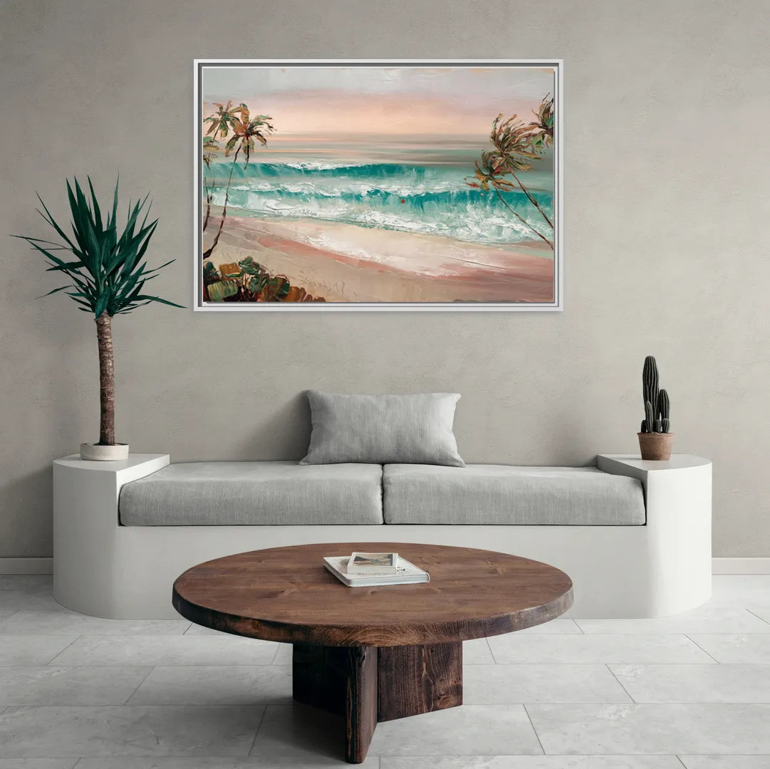 La Jolla Waves And Palms - Living Room White Frame Canvas