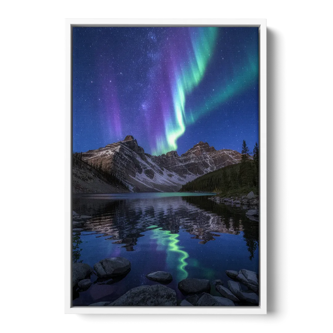 Aurora Mountain Reflection - White Frame Canvas