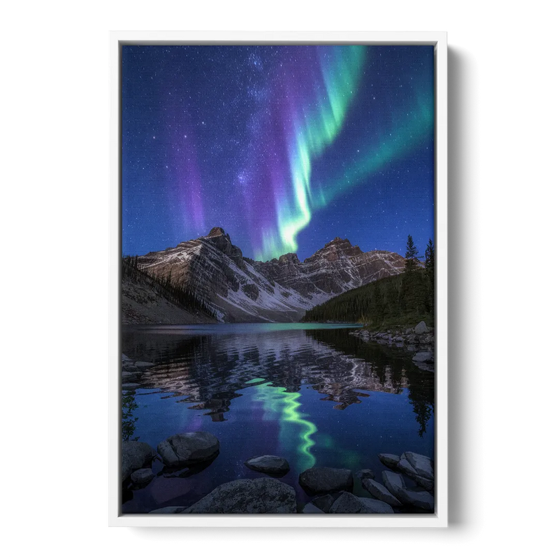Aurora Mountain Reflection - White Frame Canvas