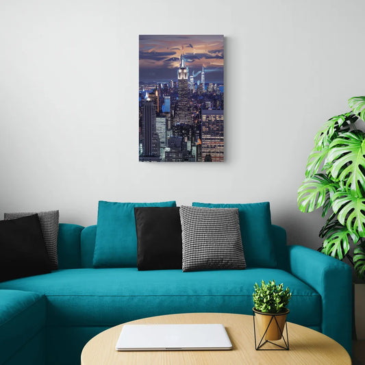 New York City Night Blue Lights Skyline - Canvas Wall Art Living Room