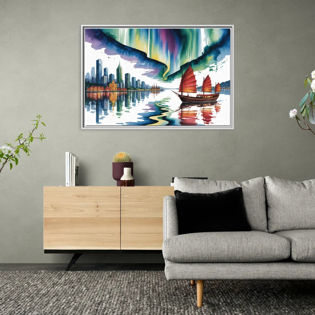 Victoria Harbour Lights - Living Room White Frame Canvas